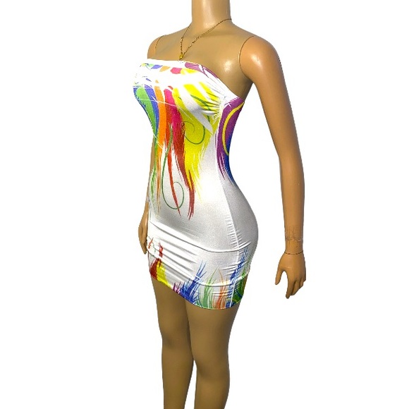 Y2K Flamingo USA Tube Dress Mini Strapless white multicolor Abstract Size S - Picture 5 of 11